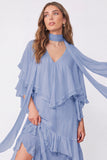 Light Blue A Line Long Ruffled Wedding Guest Dress with Slit