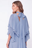 Light Blue A Line Long Ruffled Wedding Guest Dress with Slit