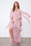 Light Blue A Line Long Ruffled Wedding Guest Dress with Slit