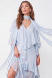 Light Blue A Line Long Ruffled Wedding Guest Dress with Slit