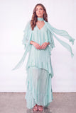 Light Blue A Line Long Ruffled Wedding Guest Dress with Slit