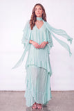 Light Blue A Line Long Ruffled Wedding Guest Dress with Slit