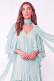 Light Blue A Line Long Ruffled Wedding Guest Dress with Slit