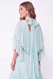 Light Blue A Line Long Ruffled Wedding Guest Dress with Slit