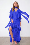 Light Blue A Line Long Ruffled Wedding Guest Dress with Slit
