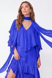 Light Blue A Line Long Ruffled Wedding Guest Dress with Slit