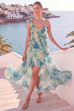 Light Green Floral Ruffled High Low Wedding Guest Dress