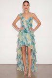 Light Green Floral Ruffled High Low Wedding Guest Dress