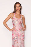Floral Pink Ruffled Halter Midi Wedding Guest Dress