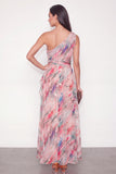 Pink Floral One Shoulder Long Wedding Guest Dress