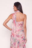 Pink Floral Ruched A Line Long Wedding Guest Dress with Slit