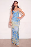 Mermaid Spaghetti Straps Floral Lake Blue Long Wedding Guest Dress