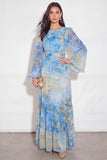 A Line Lake Blue Floral Flutter Sleeves Long Wedding Guest Dress