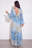 A Line Lake Blue Floral Flutter Sleeves Long Wedding Guest Dress