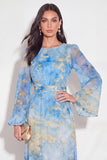 A Line Lake Blue Floral Flutter Sleeves Long Wedding Guest Dress