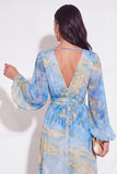 A Line Lake Blue Floral Flutter Sleeves Long Wedding Guest Dress