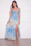 Corset Lake Blue Spaghetti Straps A Line Long Wedding Guest Dress with Slit