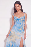 Corset Lake Blue Spaghetti Straps A Line Long Wedding Guest Dress with Slit