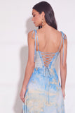 Corset Lake Blue Spaghetti Straps A Line Long Wedding Guest Dress with Slit