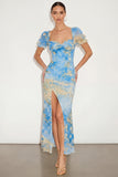Mermaid Lake Blue Floral Sweetheart Long Wedding Guest Dress with Slit