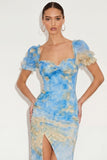 Mermaid Lake Blue Floral Sweetheart Long Wedding Guest Dress with Slit