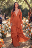 Rust A Line Tiered Pleated Ruffled Long Wedding Guest Dress
