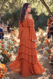 Rust A Line Tiered Pleated Ruffled Long Wedding Guest Dress
