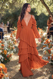 Rust A Line Tiered Pleated Ruffled Long Wedding Guest Dress