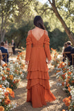 Rust A Line Tiered Pleated Ruffled Long Wedding Guest Dress