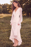 White High Low Lace Floral Boho Wedding Dress
