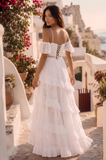 Cold Shoulder A Line Tiered Ruffled White Long Beach Wedding Dress with Slit