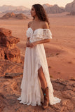 White Sweep Train Lace Boho Western Wedding Dress with Slit