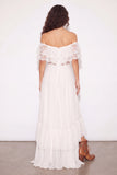 White Sweep Train Lace Boho Western Wedding Dress with Slit
