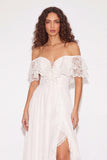 White Sweep Train Lace Boho Western Wedding Dress with Slit