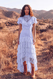 White Ruffled Lace High Low Boho Western Wedding Dress