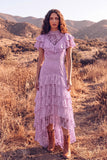 White Ruffled Lace High Low Boho Western Wedding Dress