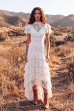 White Ruffled Lace High Low Boho Western Wedding Dress