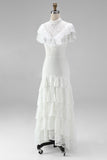 White Ruffled Lace High Low Boho Western Wedding Dress