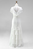 White Ruffled Lace High Low Boho Western Wedding Dress