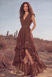 White Ruffled Lace Asymmetrical Boho Western Wedding Dress