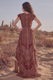White Ruffled Lace Asymmetrical Boho Western Wedding Dress