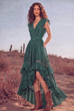 White Ruffled Lace Asymmetrical Boho Western Wedding Dress