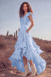 White Ruffled Lace Asymmetrical Boho Western Wedding Dress