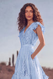 White Ruffled Lace Asymmetrical Boho Western Wedding Dress