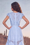 White Ruffled Lace Asymmetrical Boho Western Wedding Dress