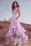 White Ruffled Lace Asymmetrical Boho Western Wedding Dress