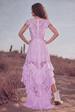 White Ruffled Lace Asymmetrical Boho Western Wedding Dress