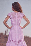 White Ruffled Lace Asymmetrical Boho Western Wedding Dress