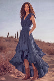 White Ruffled Lace Asymmetrical Boho Western Wedding Dress