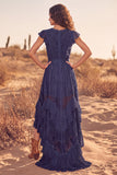 White Ruffled Lace Asymmetrical Boho Western Wedding Dress